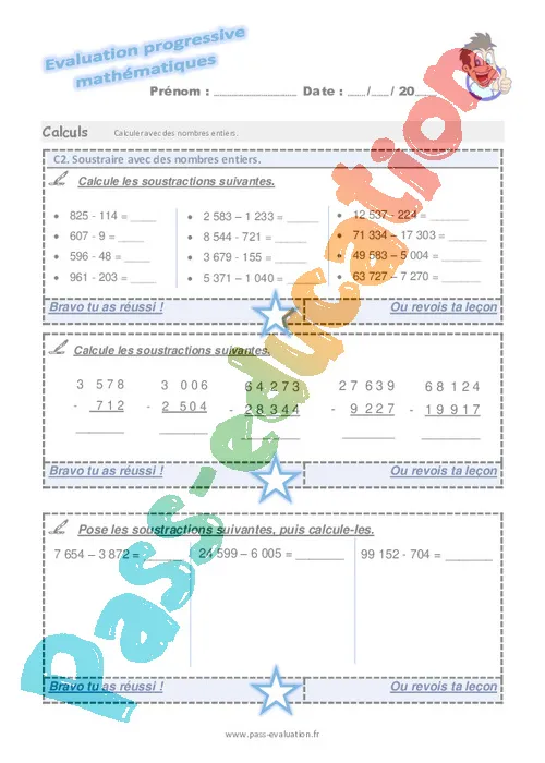 Evaluation progressive par compétences soustraction cm1, pdf à imprimer