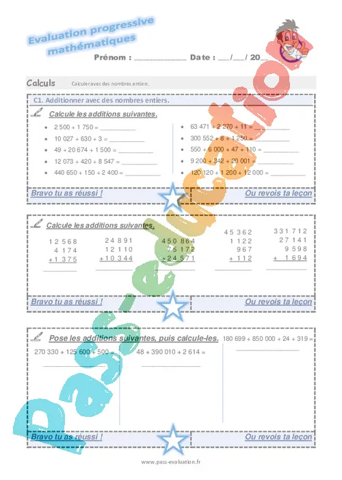 Evaluation progressive par compétences calculs cm2, pdf à imprimer
