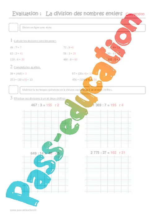 Division des nombres entiers cm2 evaluation cycle 3 pdf à imprimer