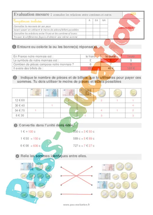 Connaître les relations entre centimes et euros au ce2 evaluation et
