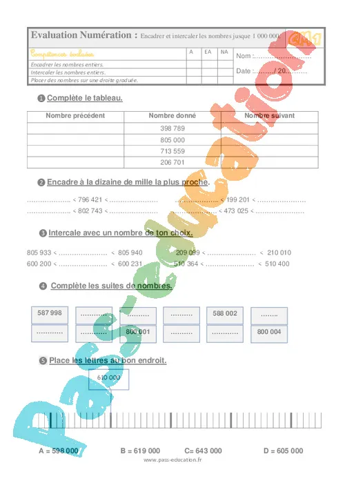 Evaluation encadrer / intercaler / arrondir cm1 bilan et controle printable coloring page
