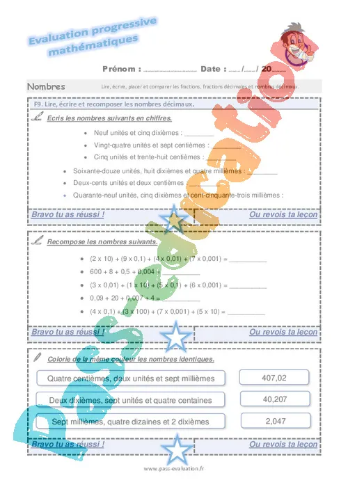 Lire, écrire et recomposer les nombres décimaux examen evaluation