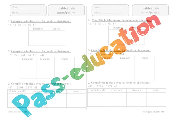 Tableau de numération ce1 exercices corrigés numération