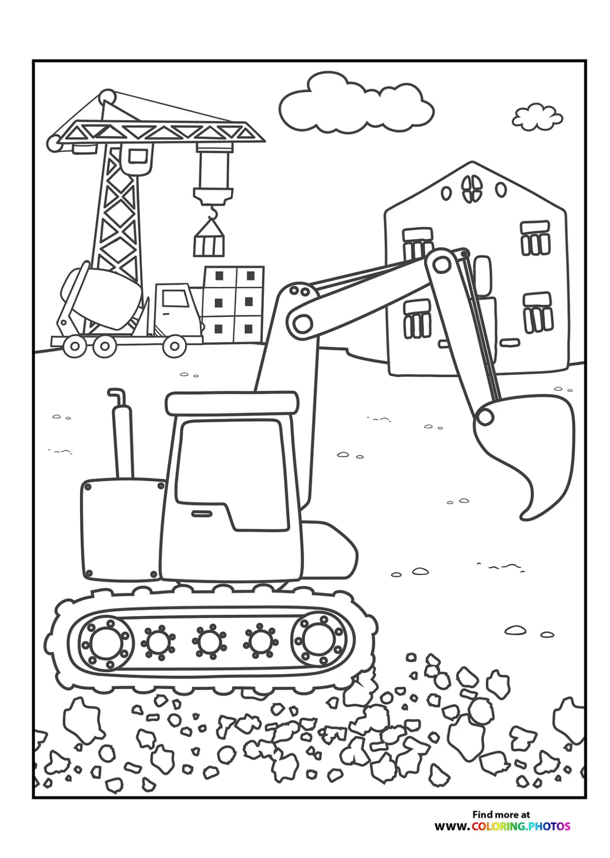 Excavator on construction site coloring pages for kids