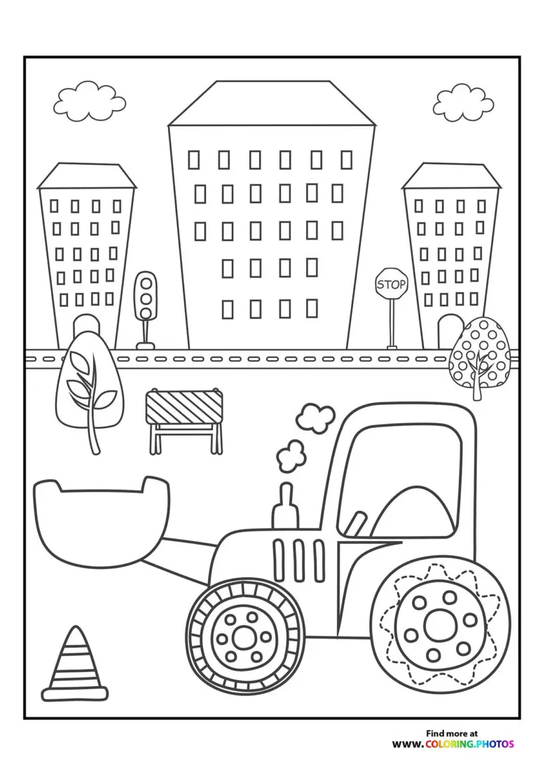 Excavator on construction site coloring pages for kids
