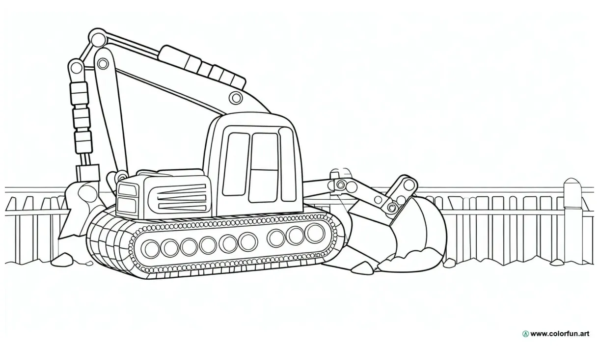 Coloring page of excavator on construction site download or print for free