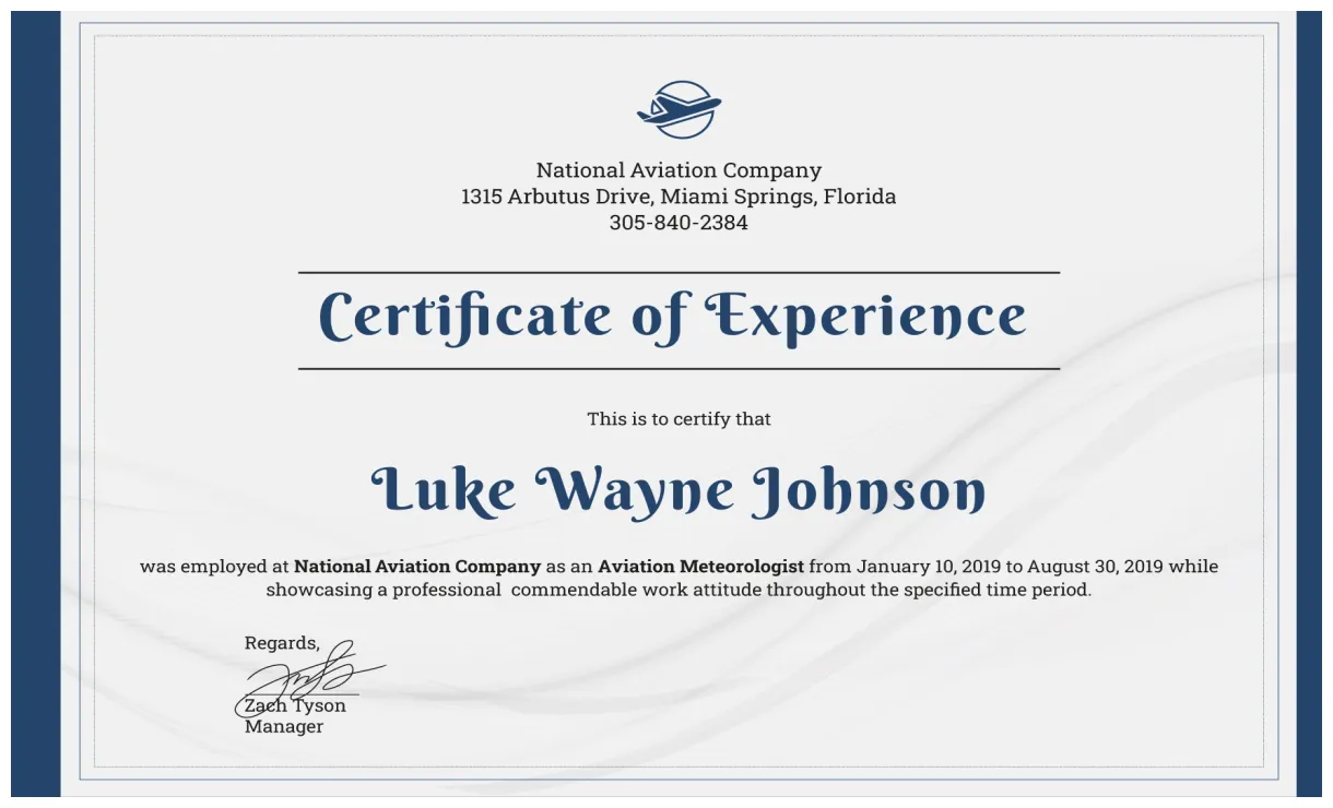 Experience certificate format template in word, pdf, illustrator, psd