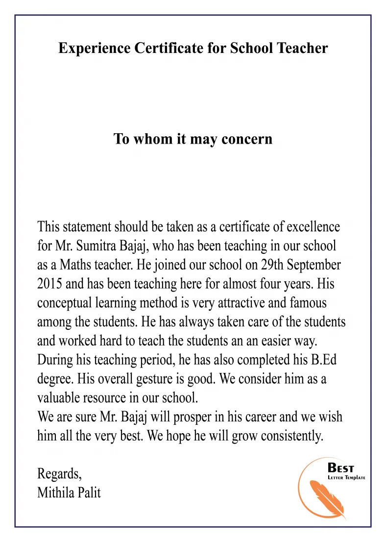 Experience certificate for teacher format, sample & example