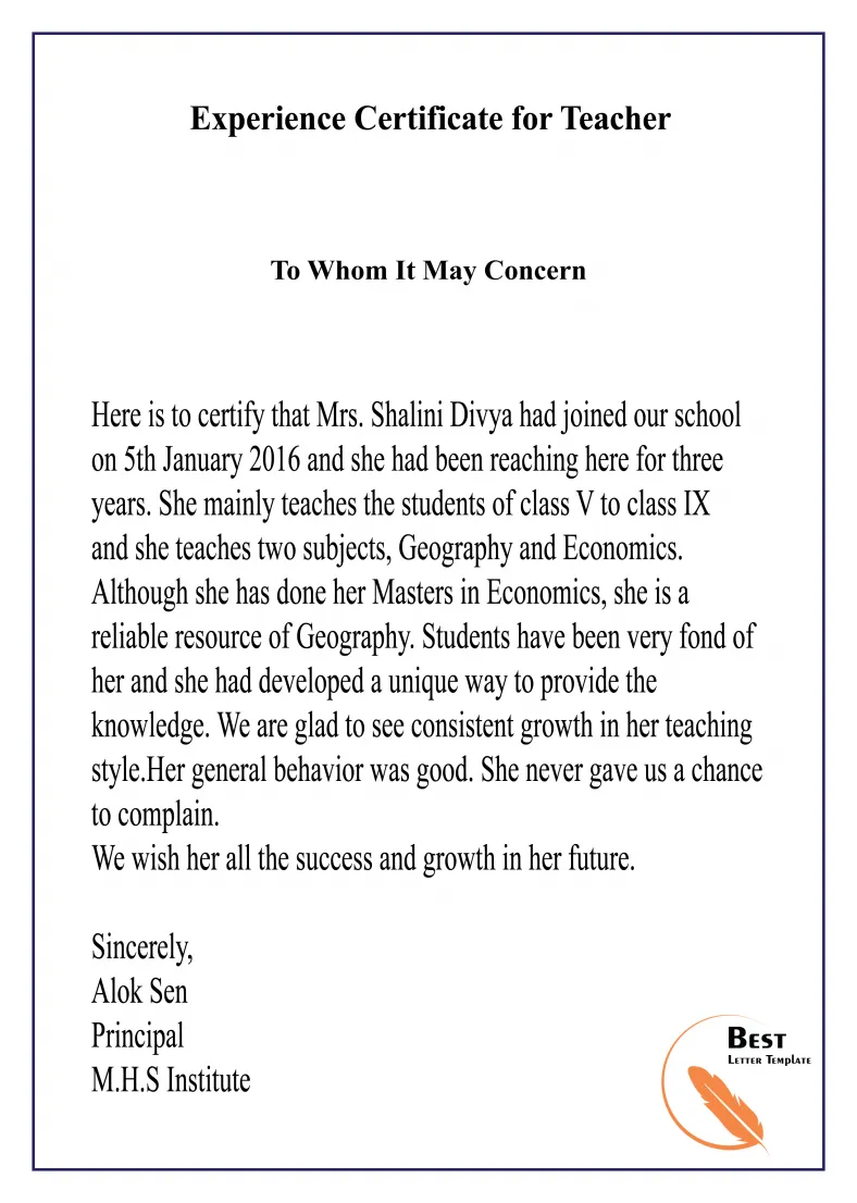 Experience certificate for teacher format, sample & example