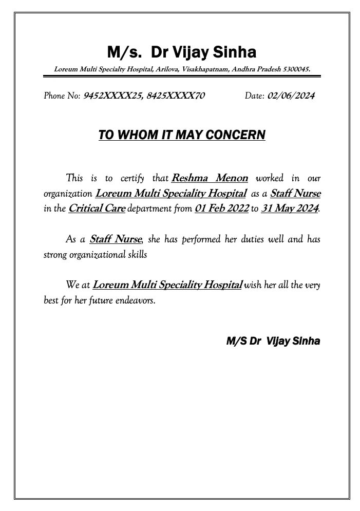 Hospital experience certificate in word format