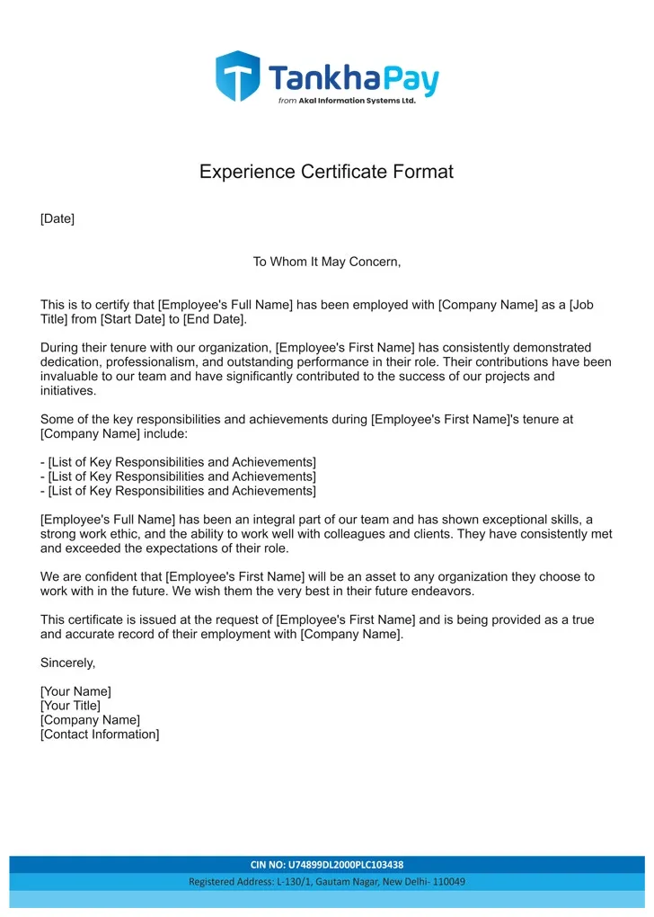 Experience certificate format in word & pdf download templates