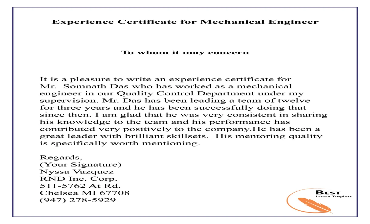 Experience certificate for engineer format, sample & example printable coloring page