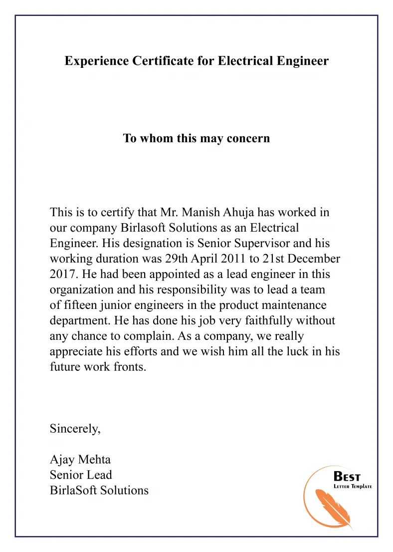 Experience certificate for engineer format, sample & example