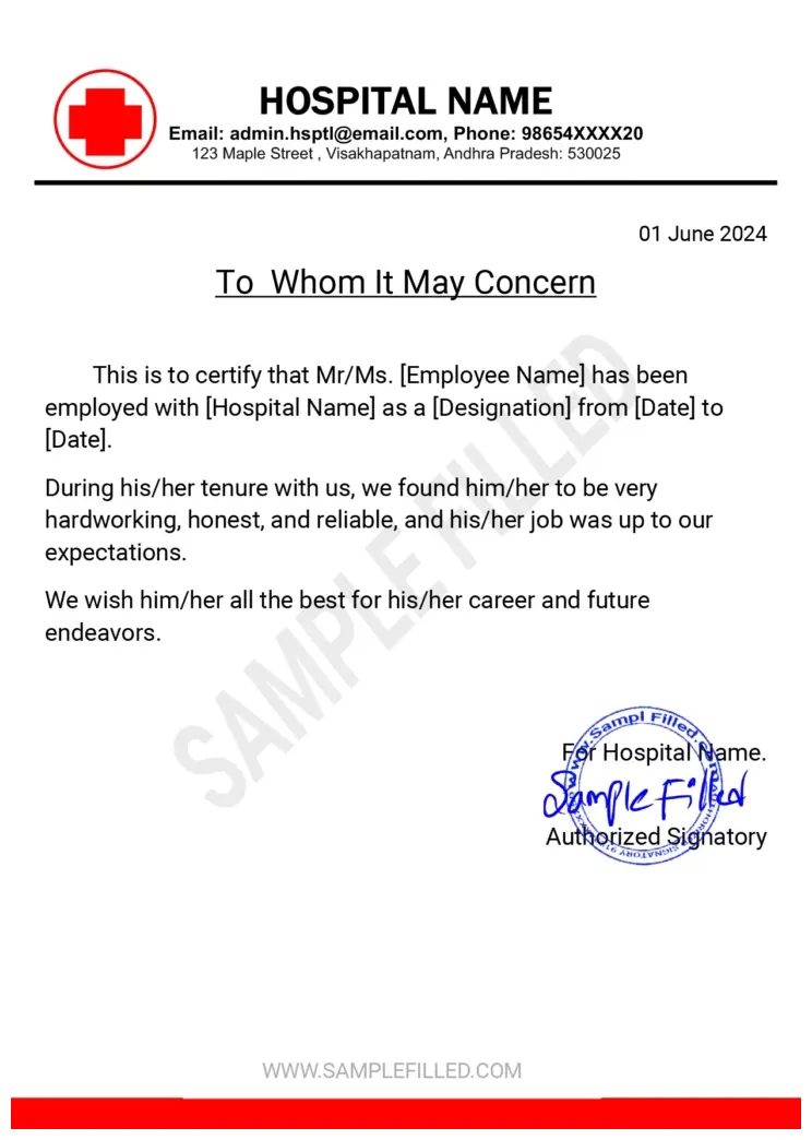 Hospital experience certificate in word format