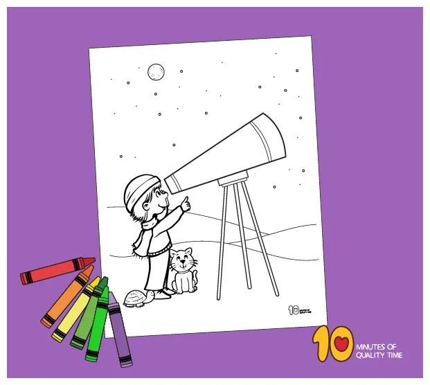 Child looking through telescope coloring page 10 minutes of quality time