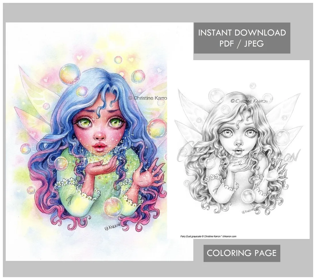 Fairy Dust Coloring Page Grayscale Cute Fae Girl Bubbles Illustration