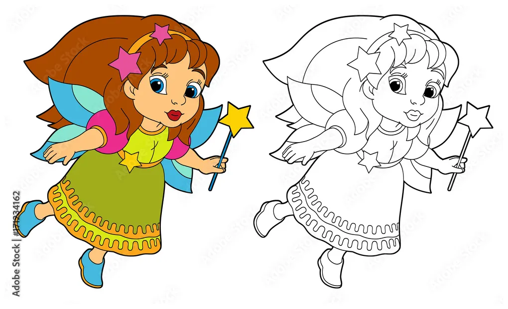 Cartoon colorful fairy flying holding wand isolated coloring page