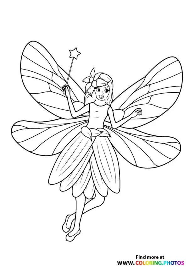 Fairy with star magic wand coloring pages for kids