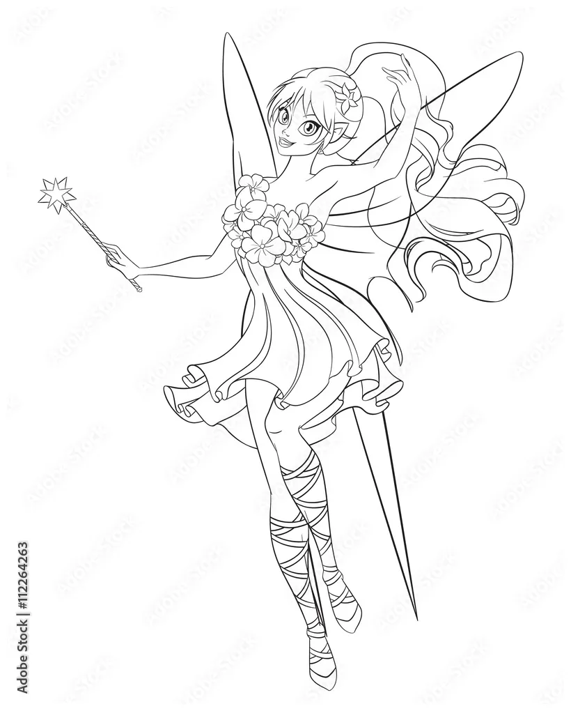 Beautiful flying fairy with magic wand. line art coloring page vector