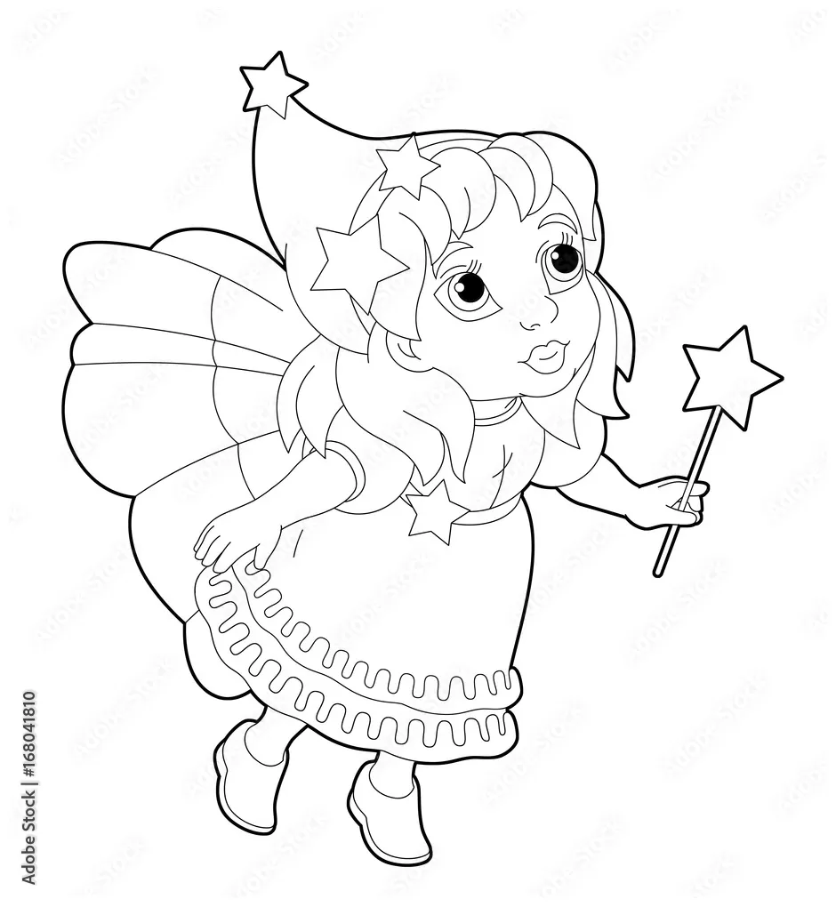 Cartoon coloring page of a fairy flying holding wand illustration for