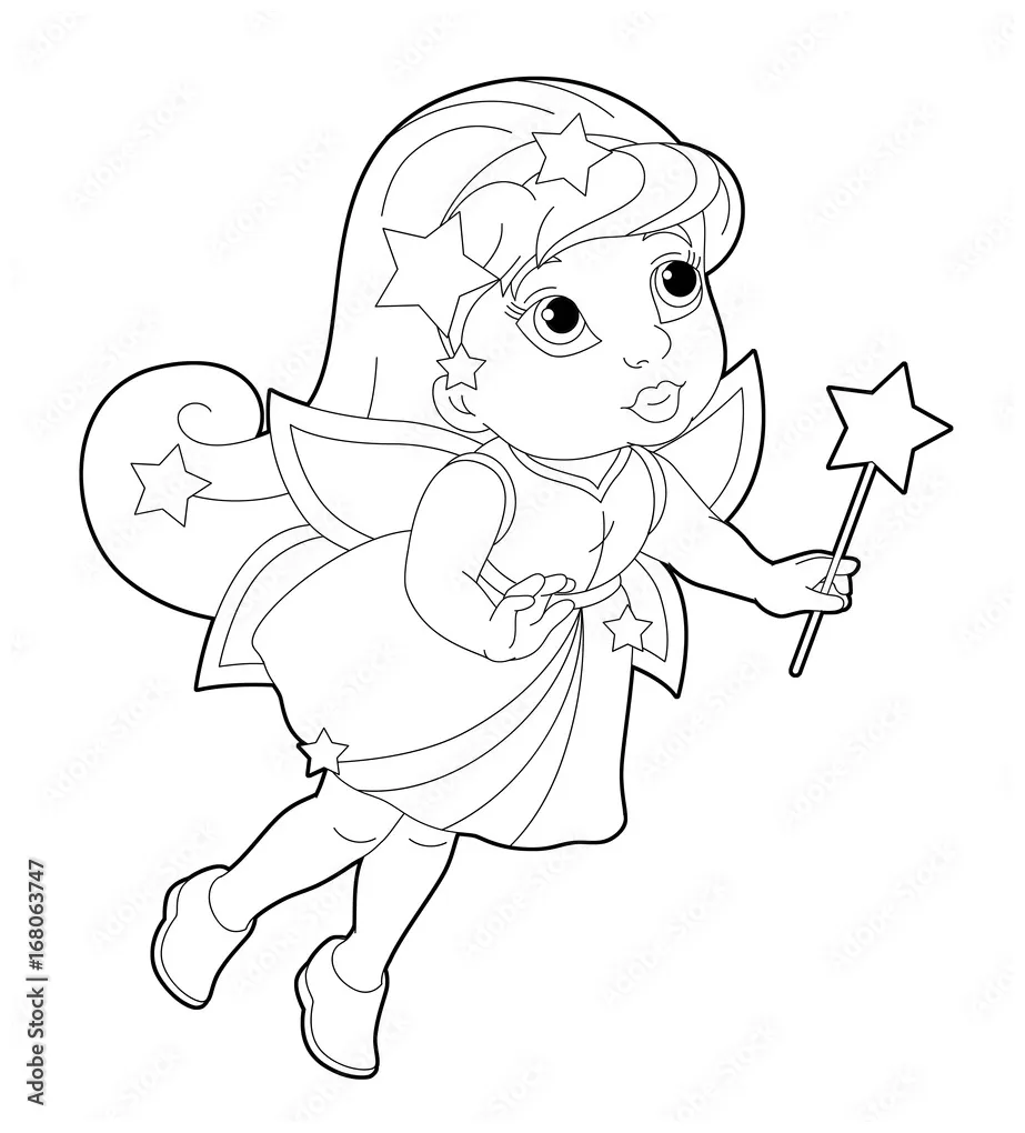 Cartoon coloring page of a fairy flying holding wand illustration for
