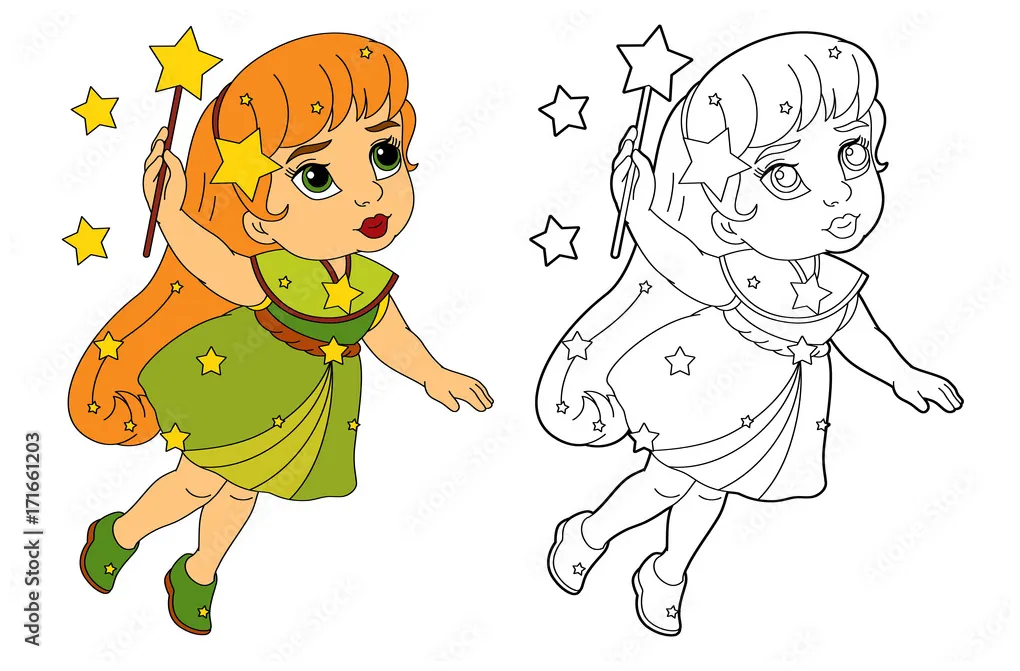 Cartoon colorful fairy flying holding wand isolated coloring page