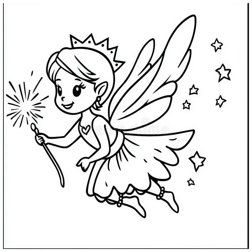 A whimsical fairy flying with a wand , coloring page for kids stock printable coloring page