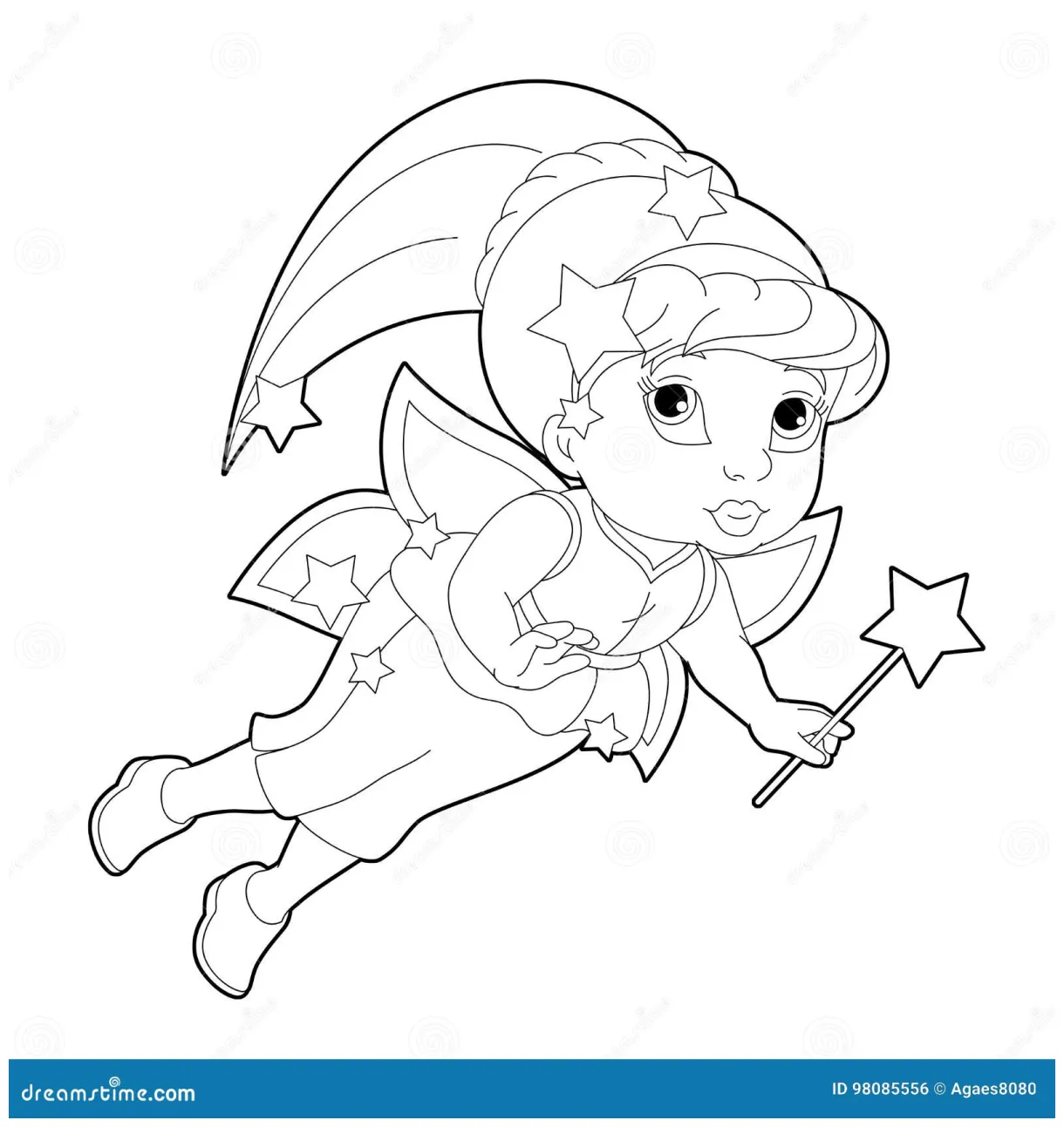 Cartoon coloring page of a fairy flying holding wand stock illustration