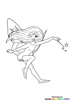 Fairy with start magic wand coloring pages for kids