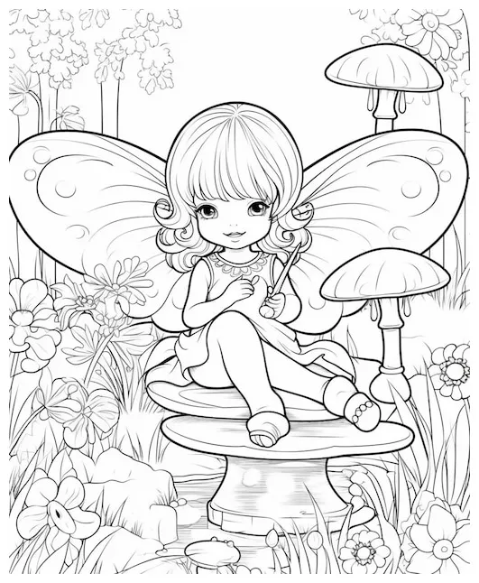 Premium Photo | A coloring page with a fairy sitting on a mushroom