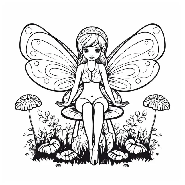 Premium Photo | A coloring page with a fairy sitting on a mushroom