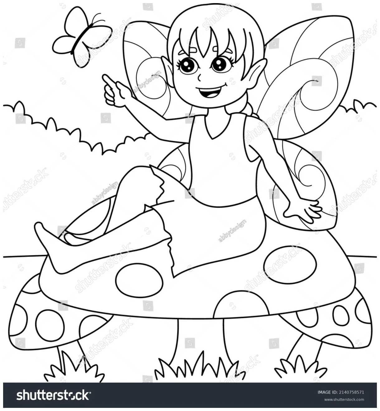 Fairy Sitting On Mushroom Coloring Page Stock Vector (Royalty Free