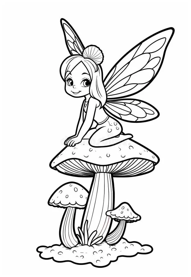 Cute Fairy Sitting on Mushroom Coloring Page with Detailed Wings and