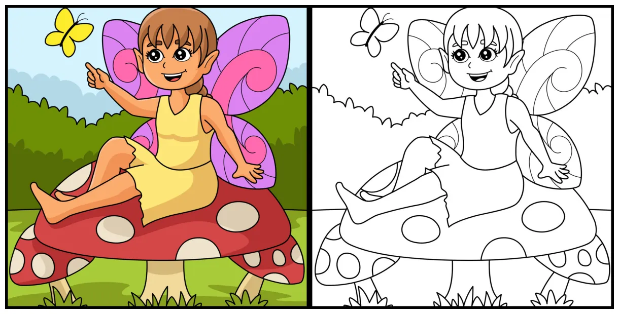 Fairy Sitting On A Mushroom Coloring Illustration 7066627 Vector Art at