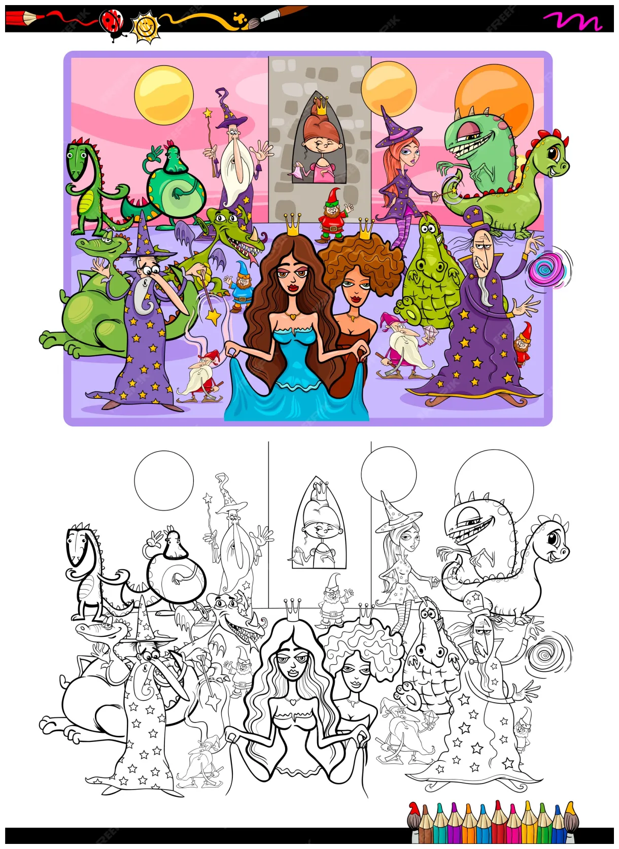 Premium vector fantasy characters coloring page