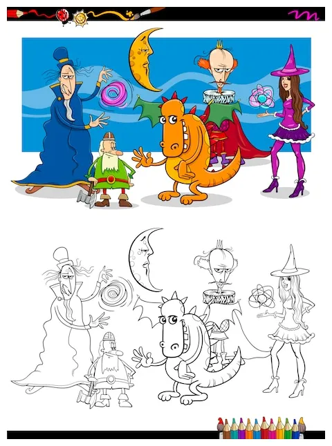 Premium vector fantasy characters coloring page
