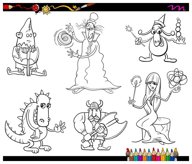 Premium vector fantasy characters coloring page printable coloring page