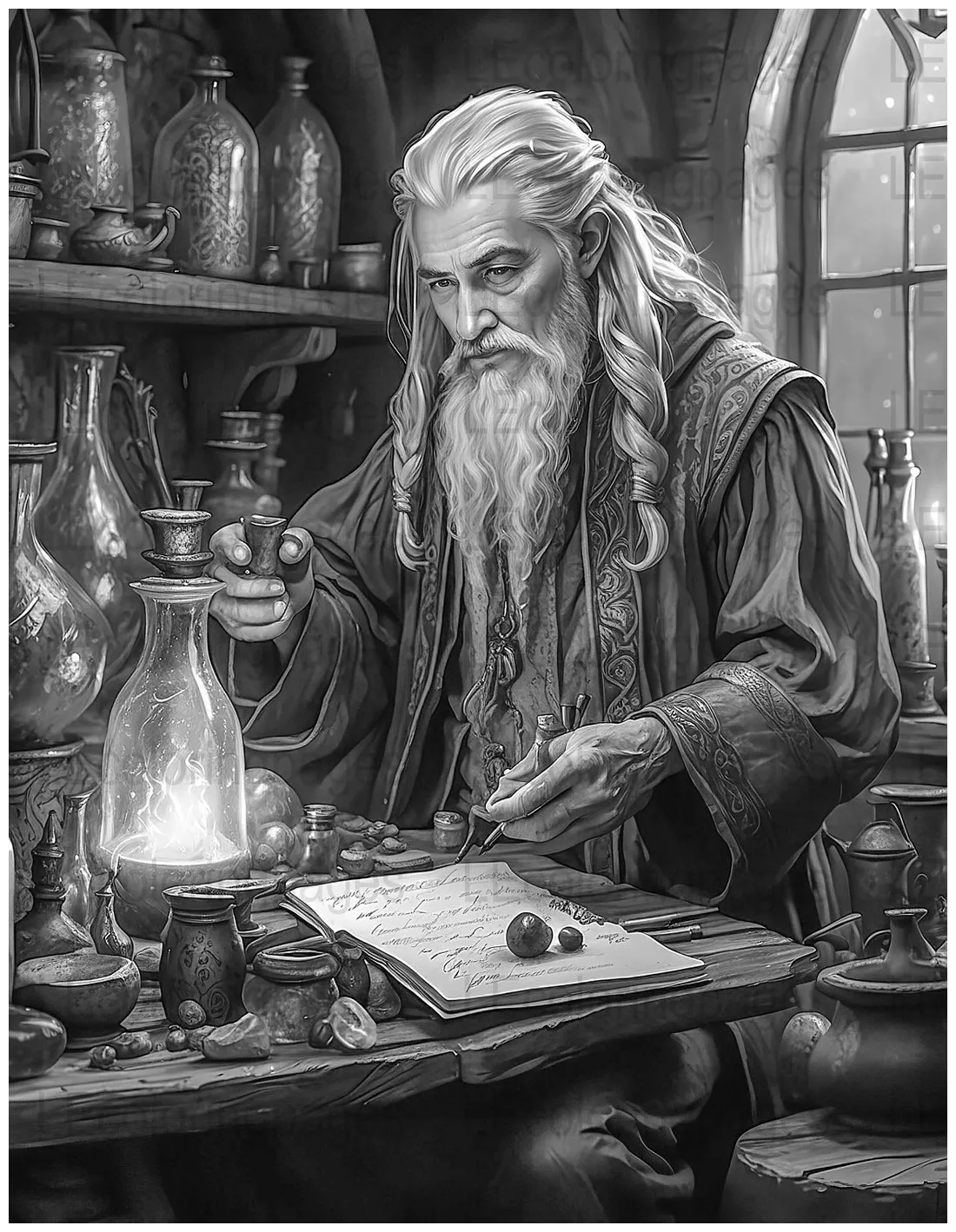 Wizard adult coloring page, fantasy grayscale digital download, magical