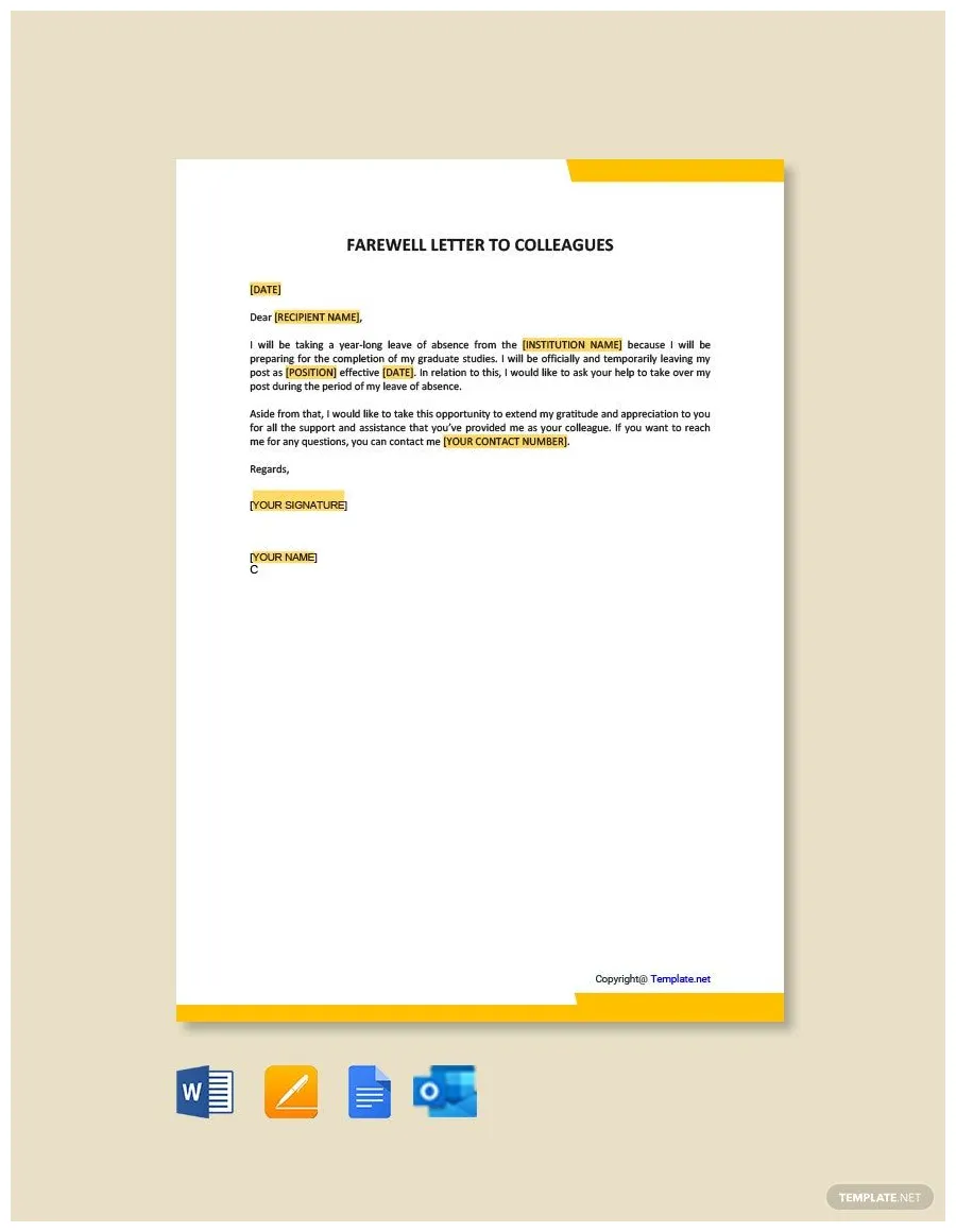 Farewell Letter to Colleagues in Google Docs, Word, Pages, PDF