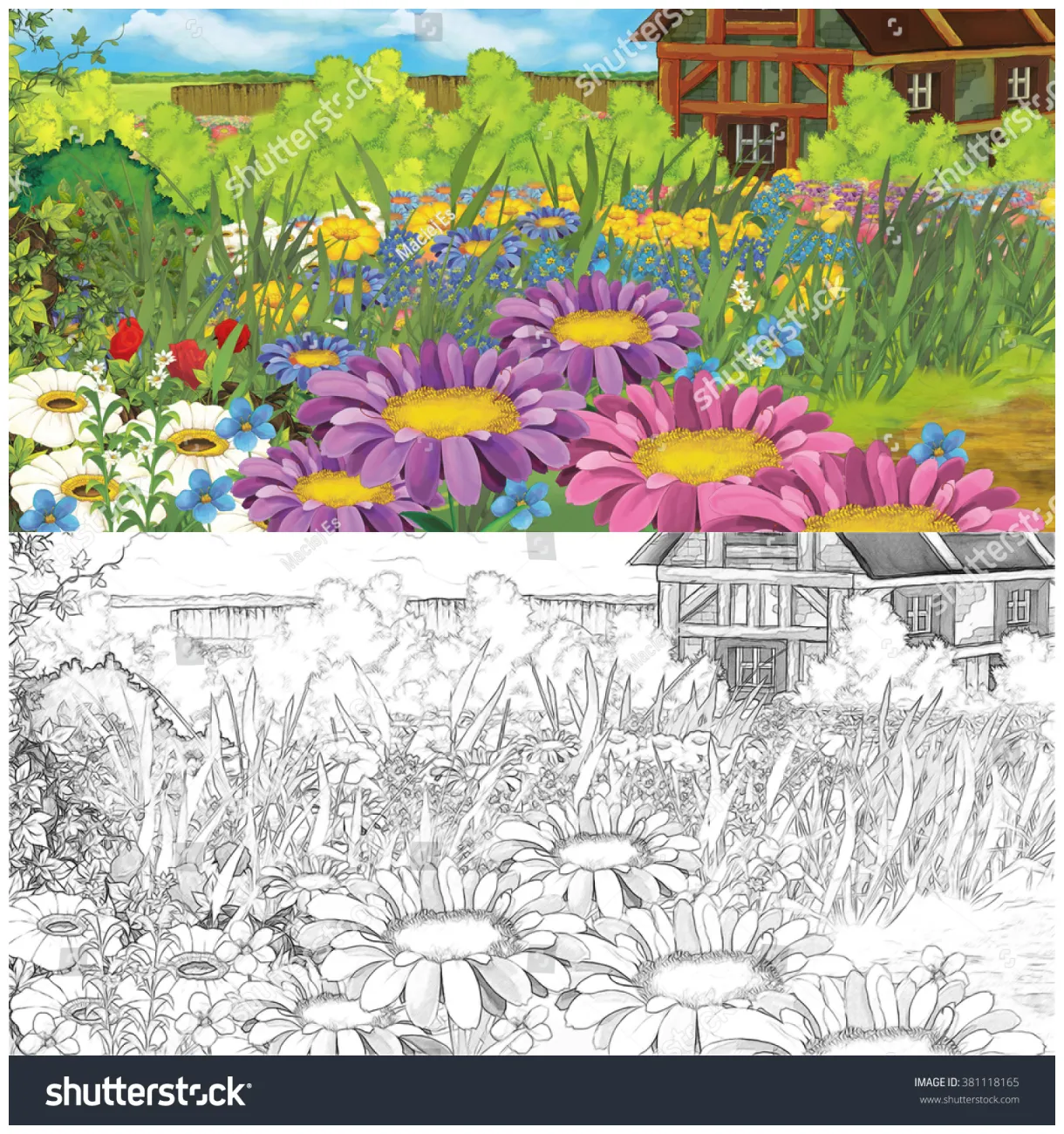 Cartoon Farm Scene Coloring Page Illustration Stock Illustration