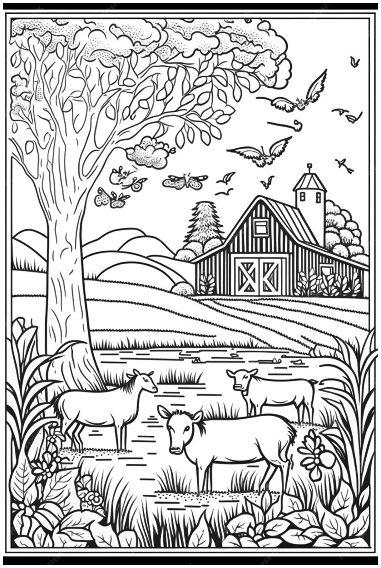 Premium AI Image | a coloring page with a farm scene and a tree