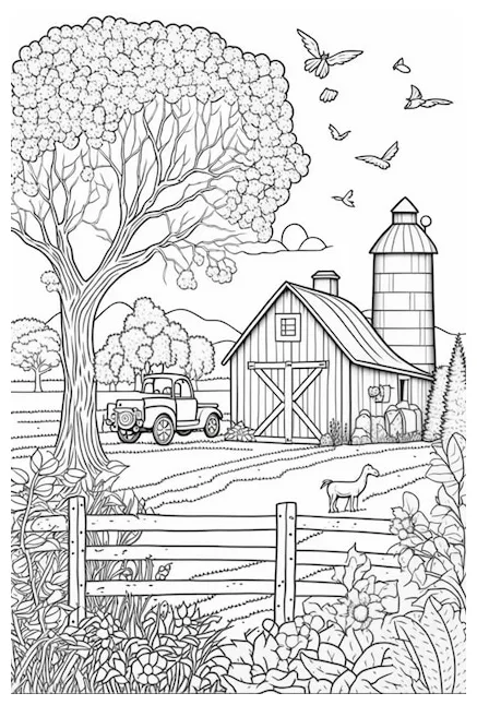 Premium a coloring page with a farm scene and a tractor