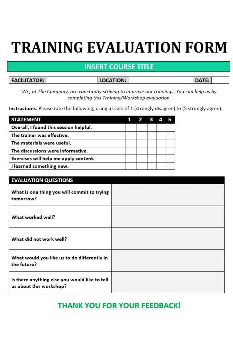 Training evaluation form template hr training feedback etsy