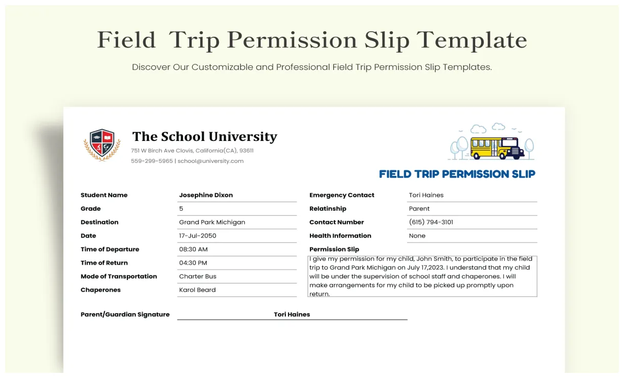 Field trip permission slip