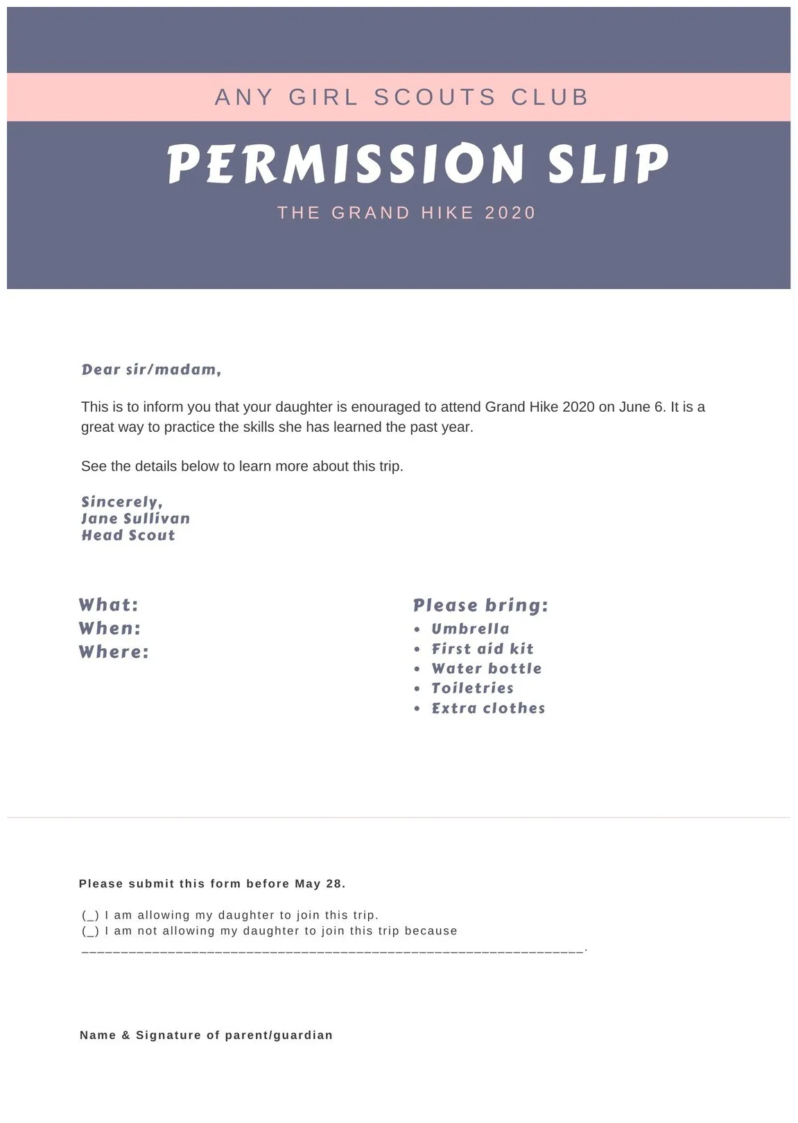 Field trip permission slip