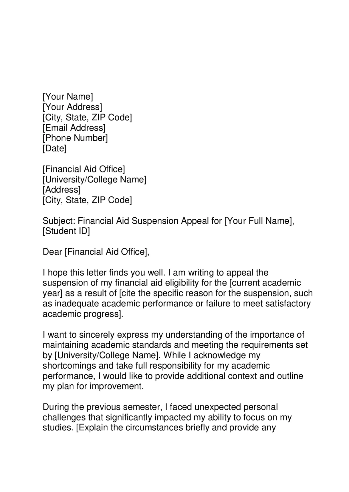 Financial aid suspension appeal letter forms docs 2023
