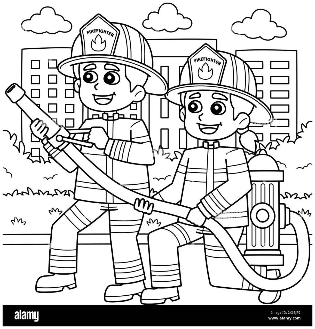 Firefighters with a Fire Hydrant Coloring Page Stock Vector Image & Art