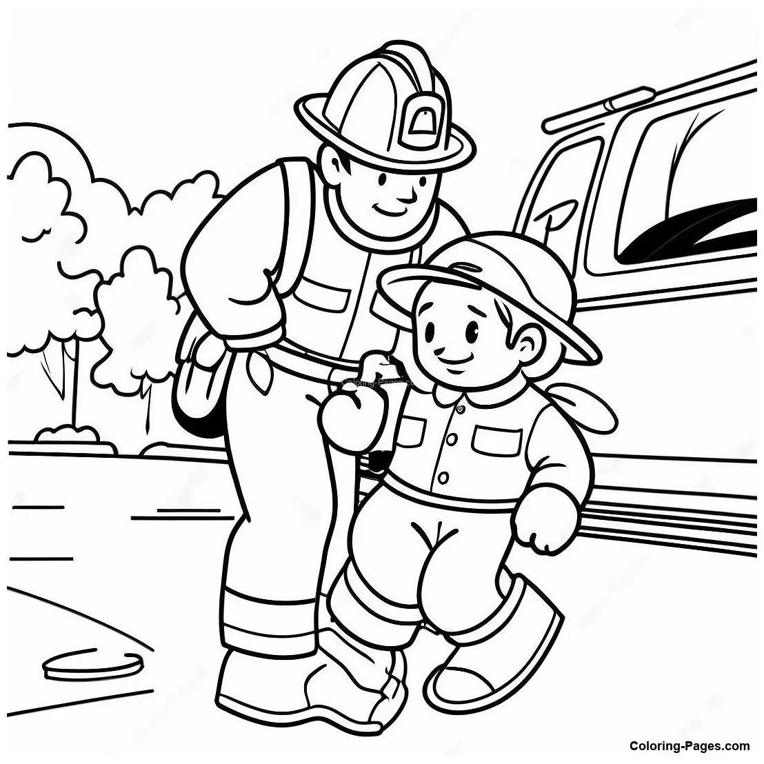 Heroic Firefighter Rescuing A Child Coloring Page | Coloring-Pages.com