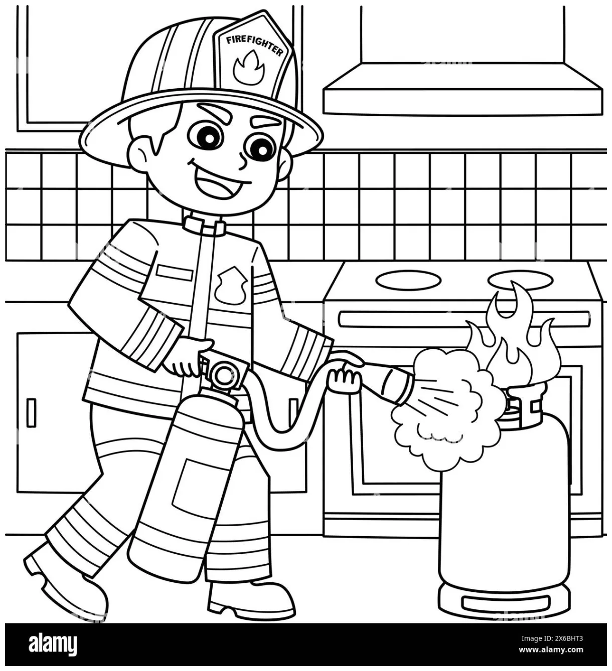 Firefighter Holding a Fire Extinguisher Coloring Stock Vector Image