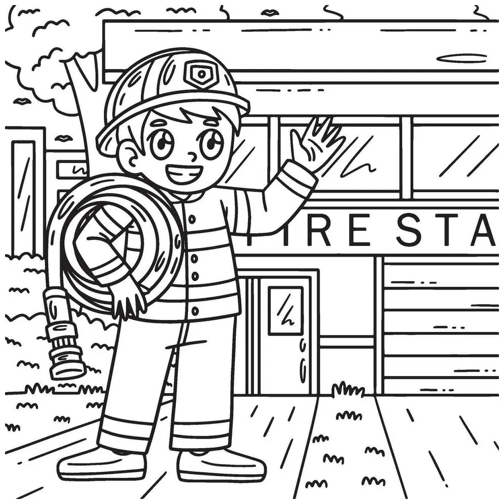Firefighter Carrying Water Hose Coloring Page 34329314 Vector Art at